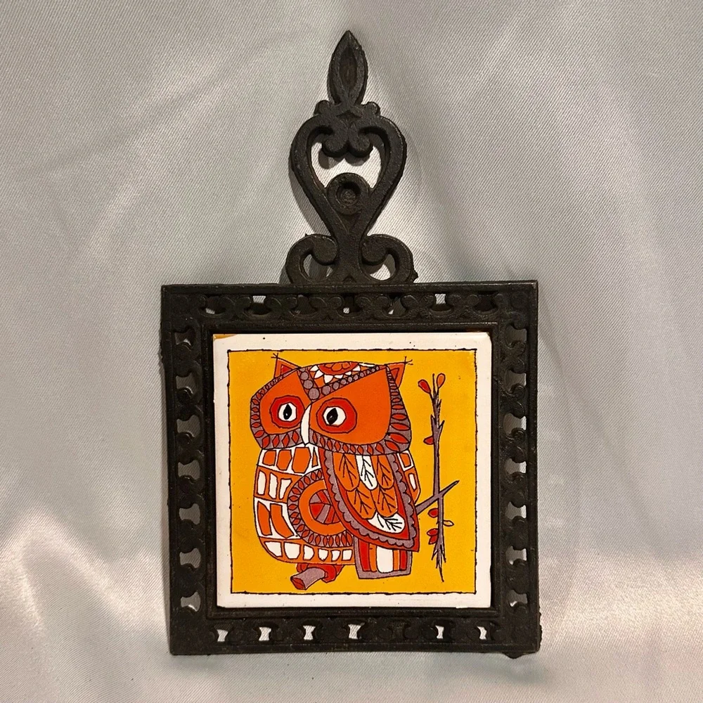 Mid-Century Orange Ceramic Owl Trivet Wall Art with Iron Frame